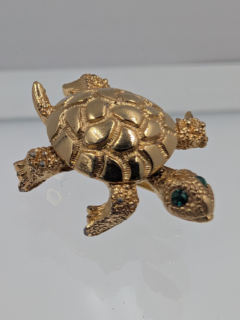 Monet Gold Turtle Brooch with Green Gem Eyes C55